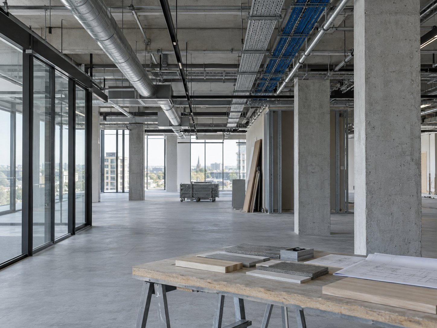 Coordinated ceiling ducts, cable trays and lighting tracks on site