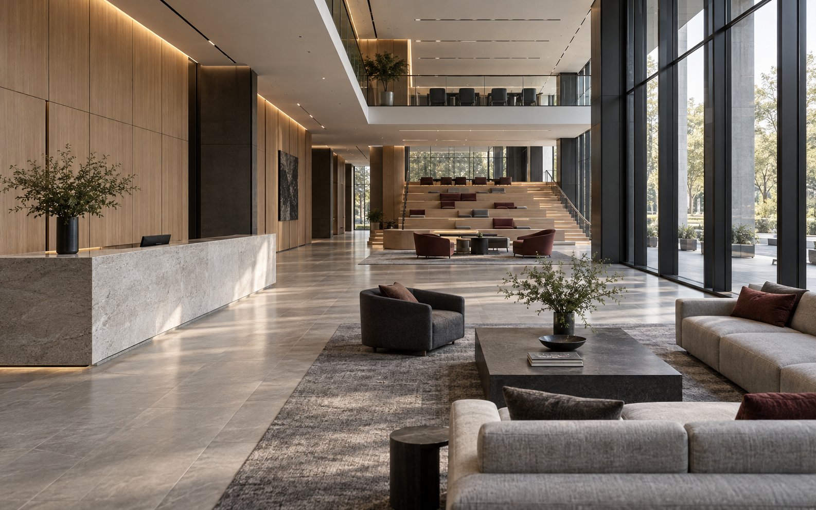 Corporate arrival lounge with honed stone reception desk, oak wall panelling and stepped townhall seating