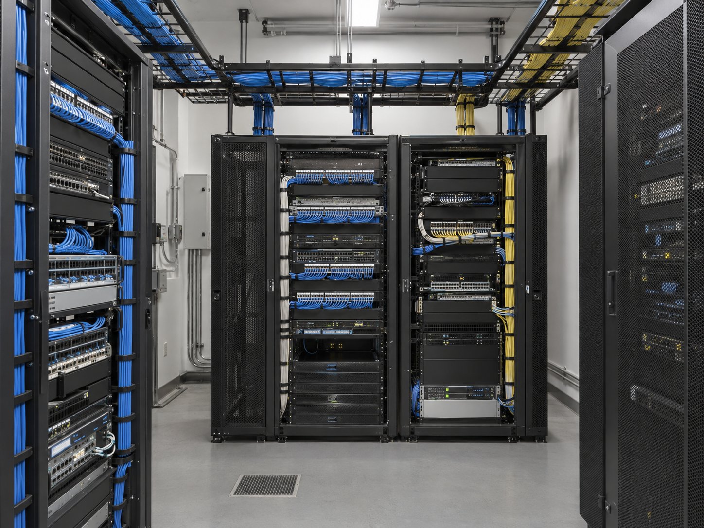 Structured network cabling and server racks inside a technology room