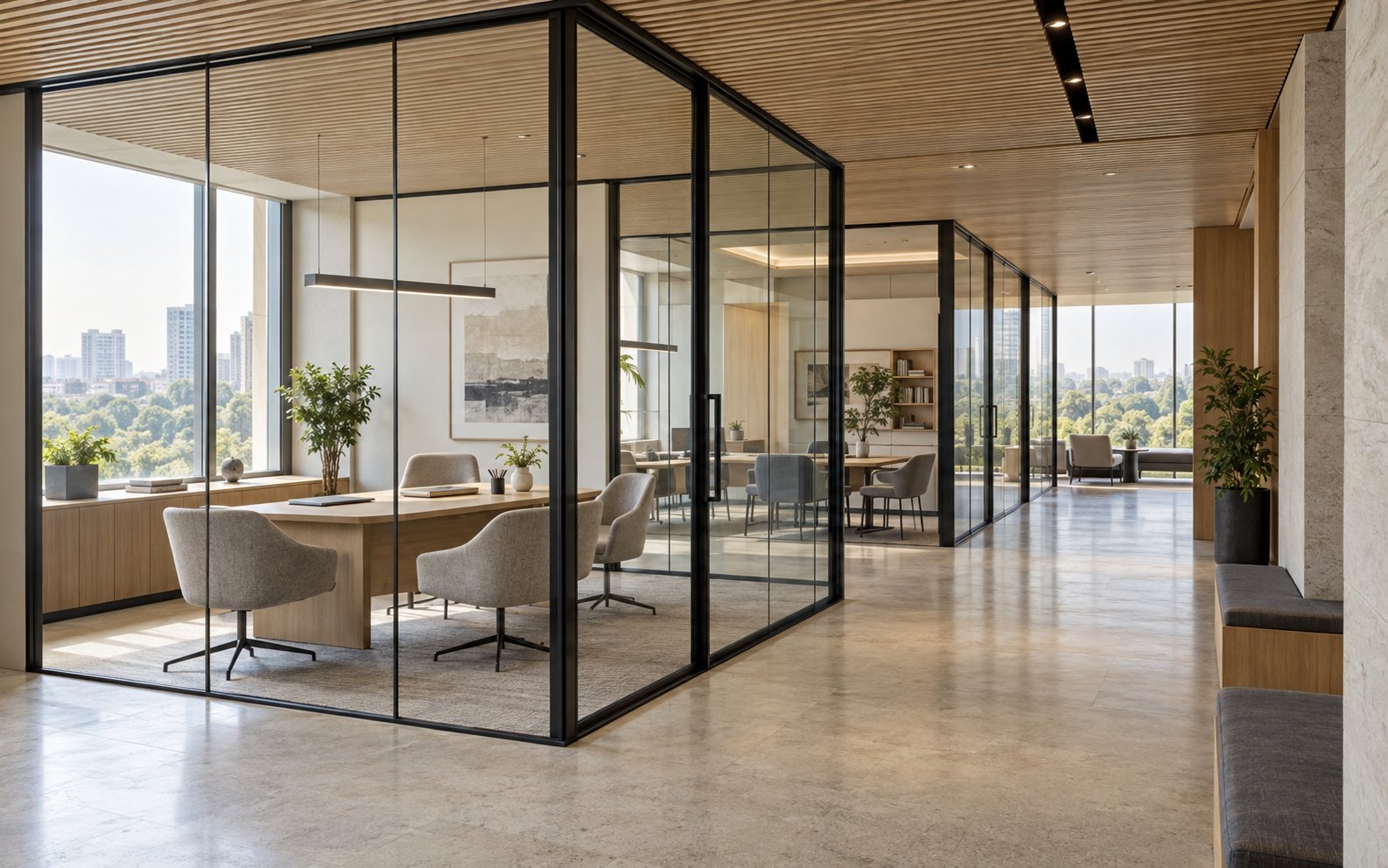 Education and advisory workplace with framed glass mentoring suites and slatted oak ceiling