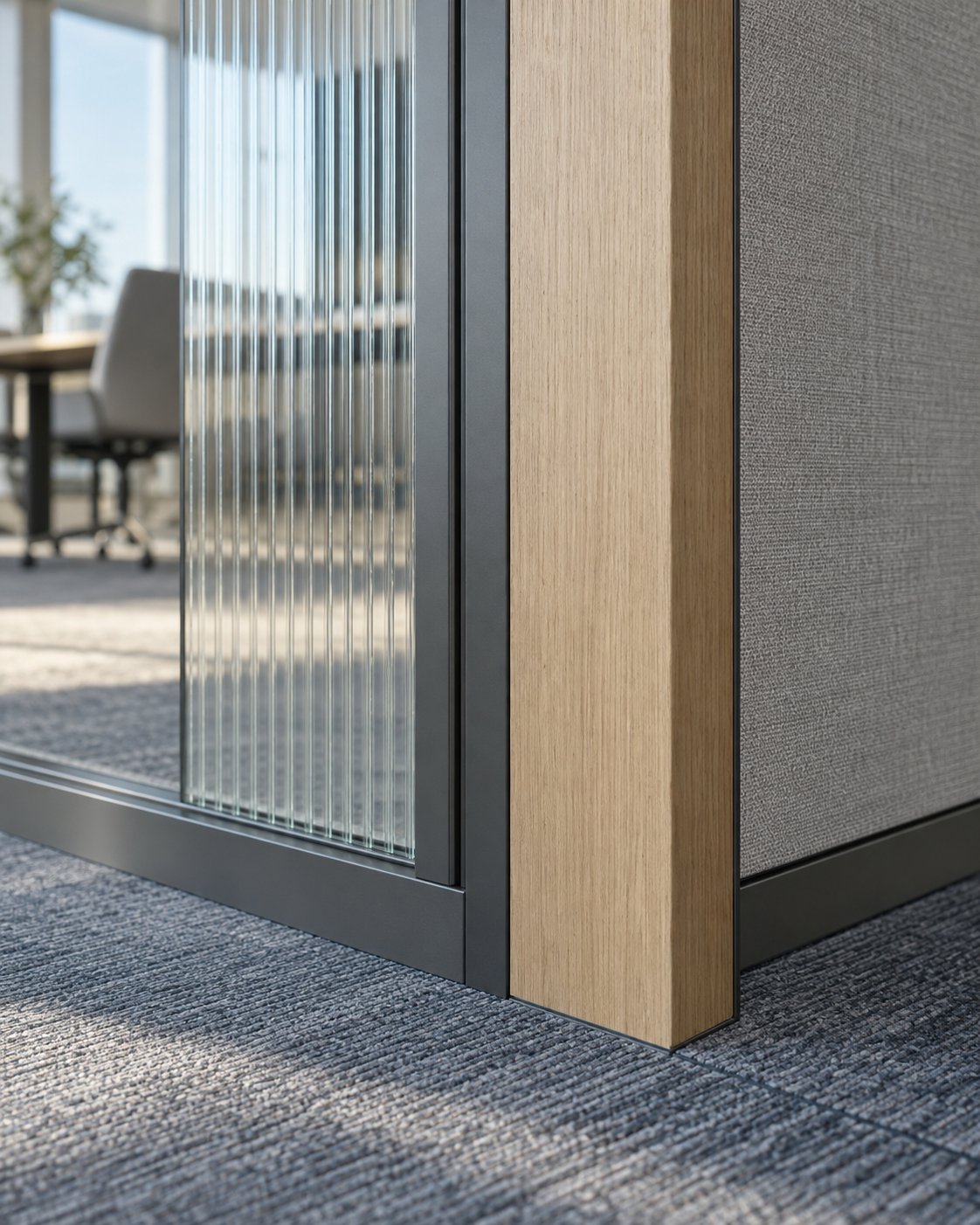 Close junction of reeded glazing, pale oak veneer and blackened aluminium frame