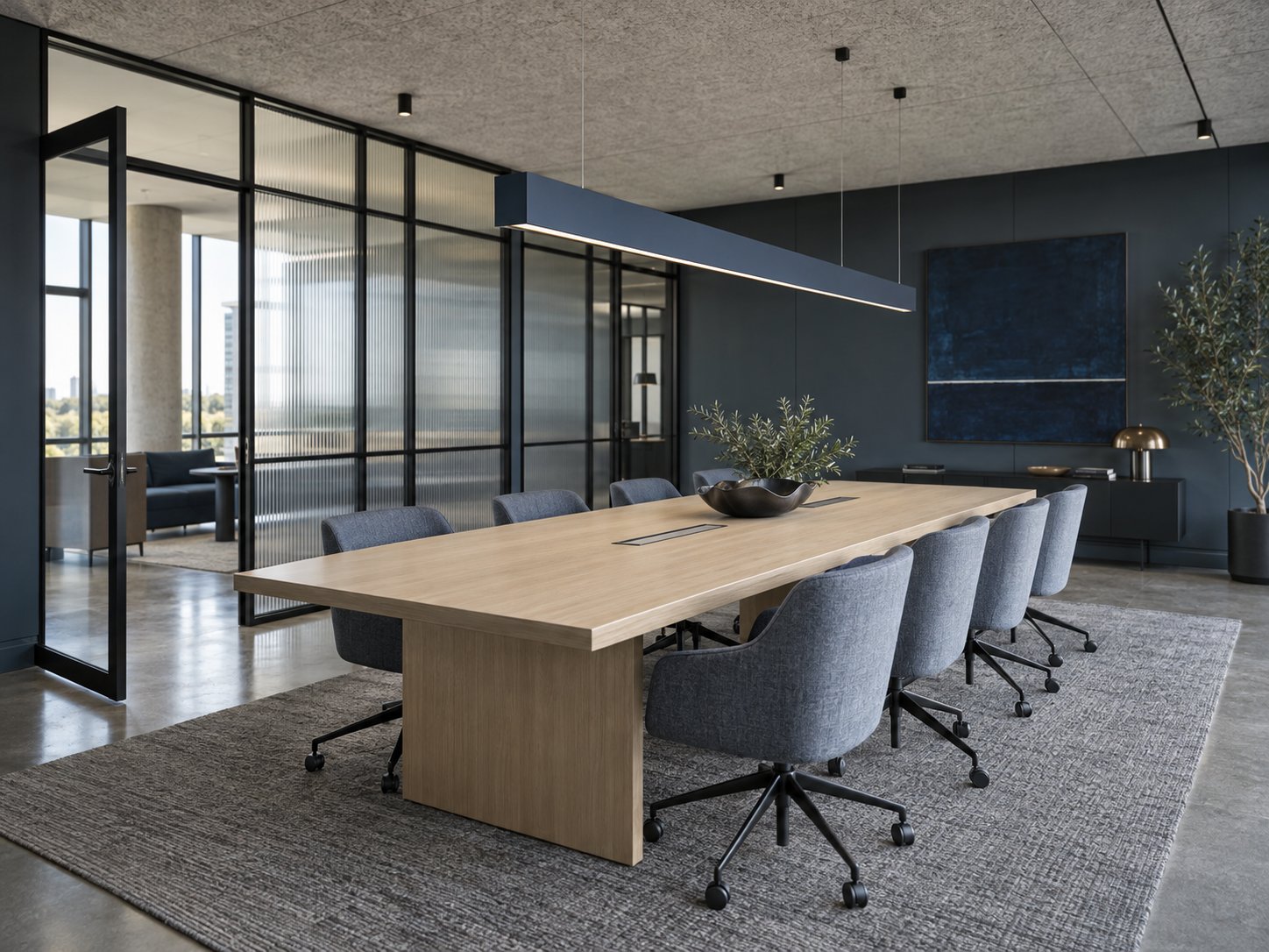 Completed meeting room with oak table, reeded glass partitions and acoustic ceiling