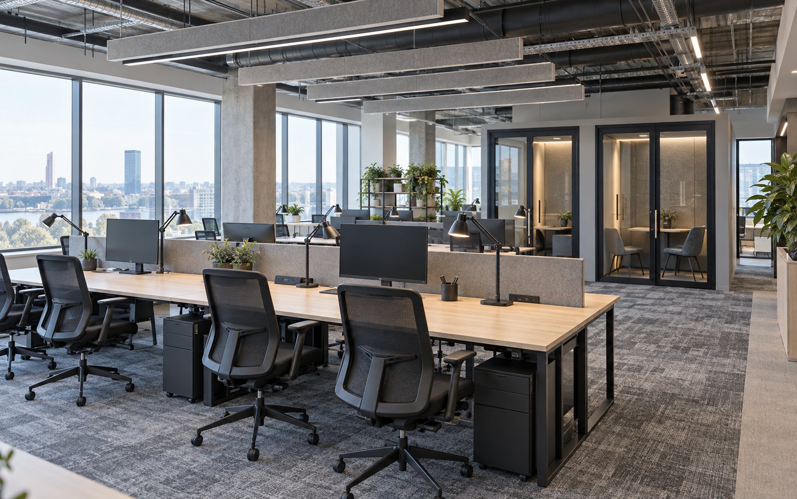 Technology workplace floor with pale timber bench desks, acoustic phone booths and linear lighting
