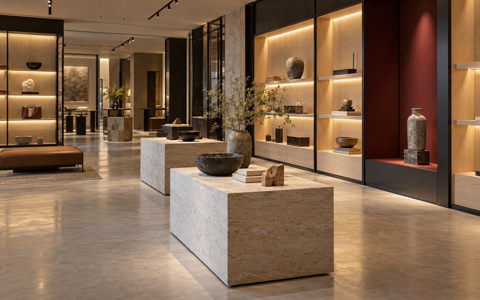 Retail showroom with honed stone display plinths, backlit oak niches and focused accent lighting